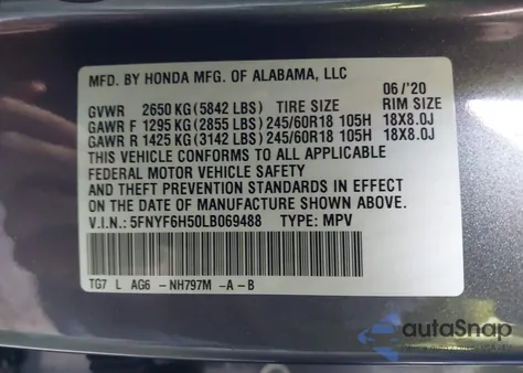 2020 Honda Pilot Awd Ex-L из США, поврежденный, VIN 5FNYF6H50LB069488